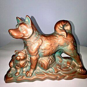 Japanese HACHIKO Shiba Akita Inu Dog & Pup Pottery Good Luck Vintage Ceramic